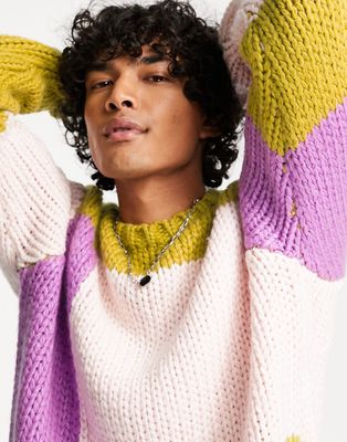 ASOS DESIGN hand knit look sweater with color block design-Multi