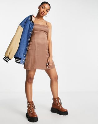 Pull & Bear cami mini satin slip dress in bronze-Brown