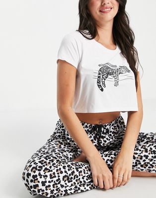 Loungeable rather be sleeping long pajama set in black and white leopard-Multi