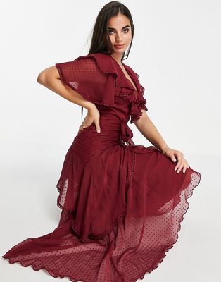 ASOS DESIGN drape detail midi dress in textured chiffon with tie detail in burgundy
