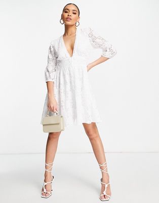 NA-KD flowy puff sleeve lace dress in white