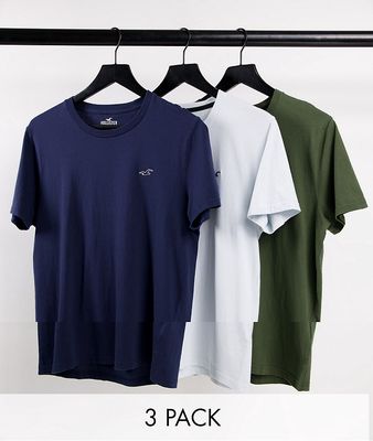Hollister 3 pack icon logo t-shirt in navy/green/blue-Multi