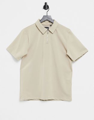 Only & Sons polo with zip in beige-Brown