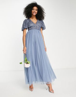 Beauut Bridesmaid sequin embellished maxi dress with tulle skirt in dark blue-Navy