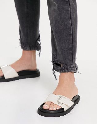 Bershka slider sandal with buckle in buttermilk-White