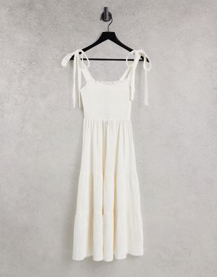 New Look tie strap tiered midi dress in off white