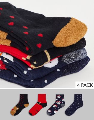Vero Moda 4-pack Christmas rudolph socks in black & red-Multi