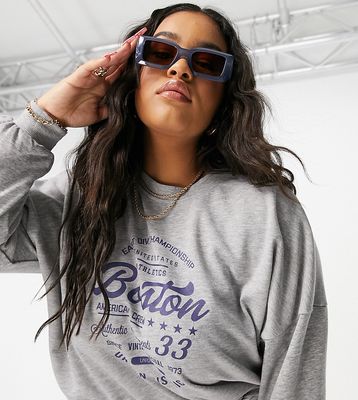 Noisy May Curve sweater with collegiate boston motif in gray-Grey