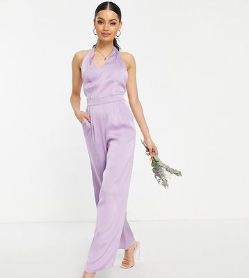Vila Petite Exclusive Bridesmaid jumpsuit in purple satin
