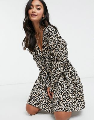 ASOS DESIGN cotton babydoll mini dress in leopard print-Multi
