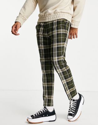 Topman skinny oversized plaid sweatpants in khaki-Green
