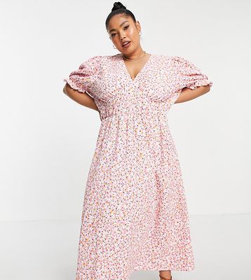 Only Curve midi tea dress with V-neck in pink floral print