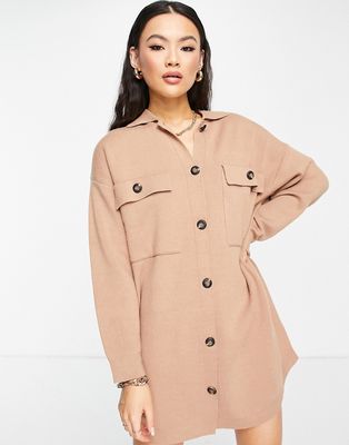 Aria Cove oversized button up sweater dress with collar detail in tan-Neutral