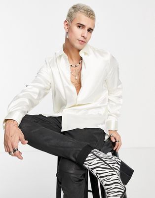 Devil's Advocate cream wide lapel satin shirt-White