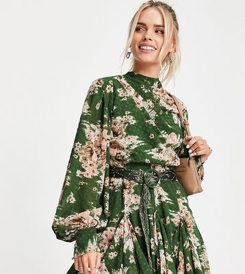 ASOS DESIGN Petite high neck pleated jacquard mini dress with macrame belt and flare detail in floral print-Multi