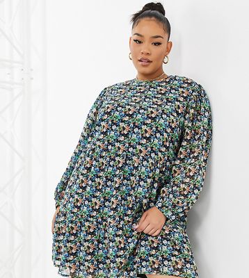 Wednesday's Girl Curve long sleeve mini smock dress with full skirt in vintage floral-Multi