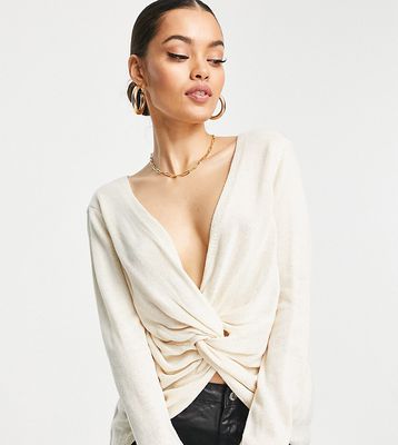 Missguided Petite twist front knit sweater in cream-White