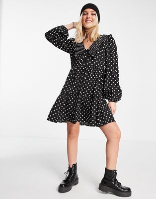 Influence tiered mini dress with collar in polka dot-Black