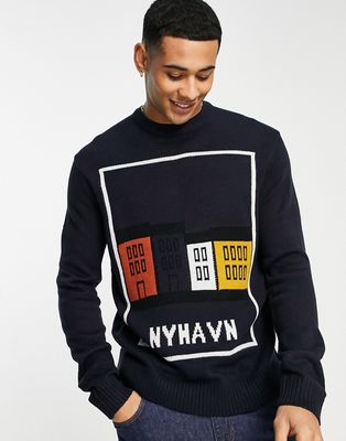 Only & Sons sweater with Nyhavn houses in navy