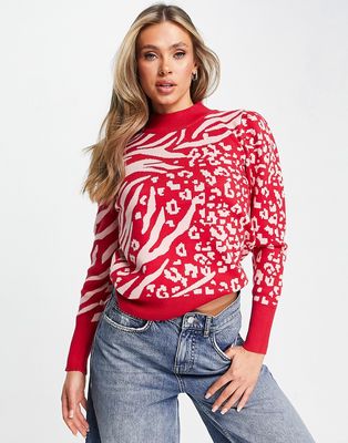 QED London animal print sweater in pink and red-Multi