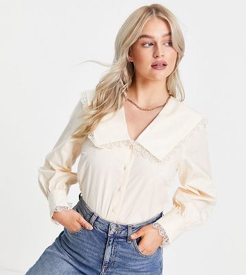 Y.A.S Petite oversized collar lace trim shirt in cream-White