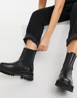 & Other Stories leather chunky square toe boots in black
