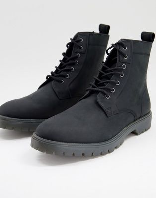ASOS DESIGN lace up boots in black leather with chunky sole