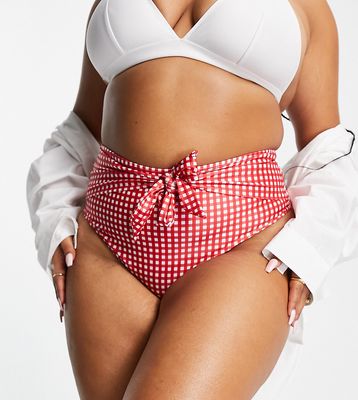 Peek & Beau Curve Exclusive tie front bikini bottom in red gingham-Multi
