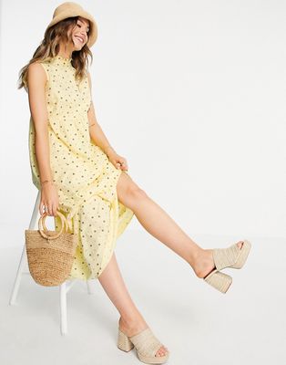 Pieces Anais high neck smock midi dress in popcorn yellow all-over print-Multi