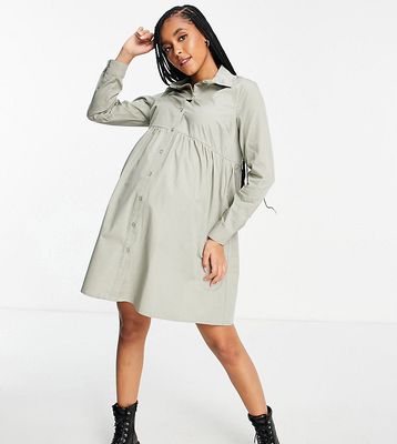 ASOS DESIGN Maternity cotton mini smock shirt dress in khaki-Green