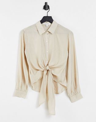 Emory Park relaxed shirt with tie front in texture-Neutral