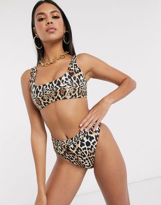 Missguided scoop neck bikini top in leopard print-Multi