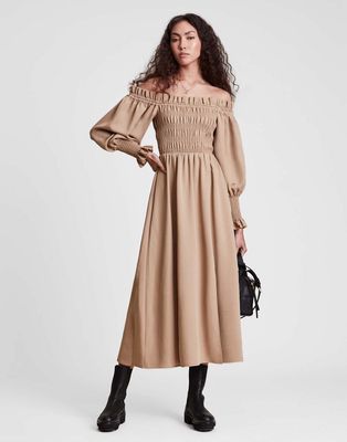 AllSaints off shoulder maxi dress with shirred body in sand-Neutral