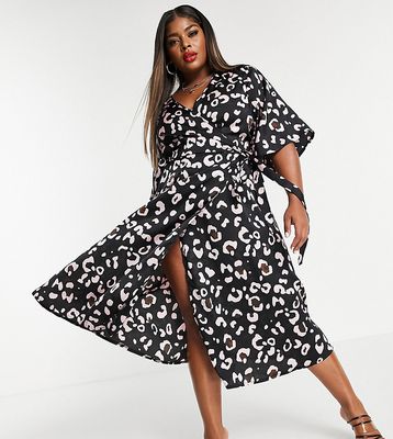 Liquorish Curve wrap midi dress in animal print-Black