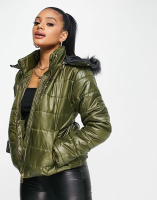 I Saw it First padded jacket with faux fur hood in olive green