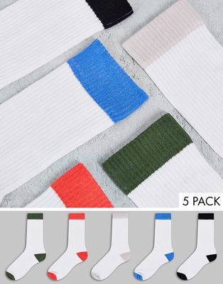ASOS DESIGN 5 pack white sports socks with color block design