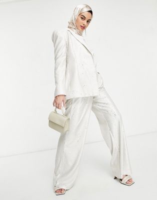 ASOS DESIGN premium sequin wide leg suit pant in cream-White