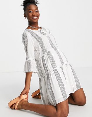 En Crème mini tiered smock dress with ladder detail in stripe-White