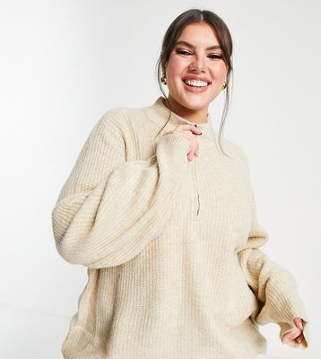 Only Curve ribbed high neck half zip sweater in stone-Neutral