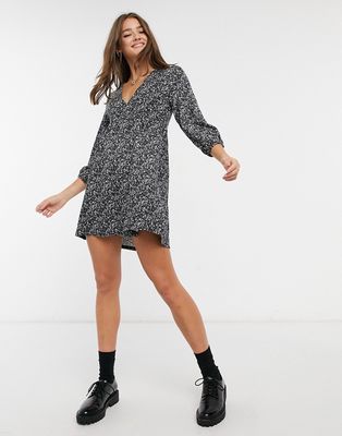 Pull & Bear mini smock dress in black floral print