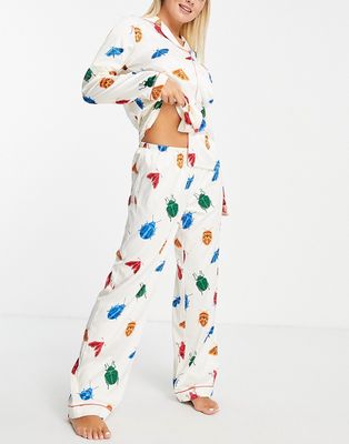 Chelsea Peers premium satin camp collar top and pants pajama set in cream bug print-White