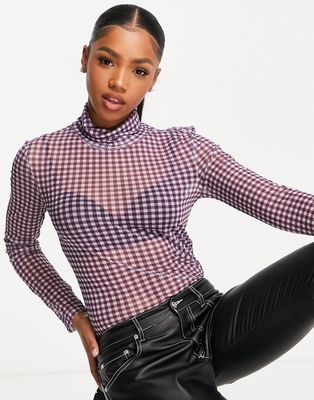 Pieces fenola long sleeve mesh top in lavender check-Multi