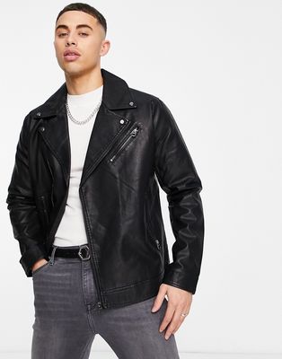 Only & Sons faux leather biker jacket in black