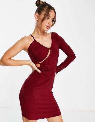 Trendyol one sleeve mini dress with cut out detail in burgundy-Red