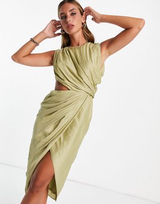 ASOS DESIGN drape detail voile midi dress with pleat detail and cut out detail-Green