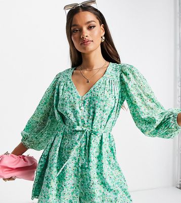 River Island Petite ditsy floral eyelet romper in green