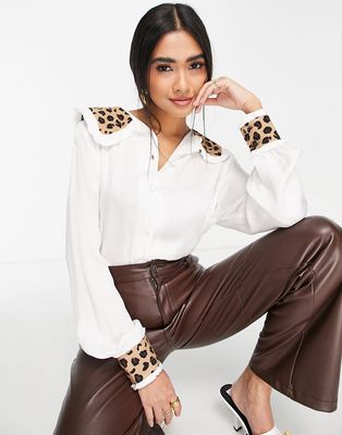 Never Fully Dressed contrast leopard collar blouse in white