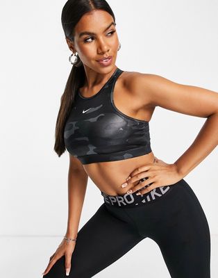 Nike Training Dri-FIT Swoosh high-neck medium-support padded camo print sports bra in dark gray-Grey