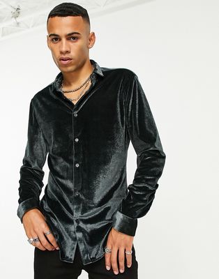 ASOS DESIGN skinny velvet shirt in charcoal-Grey