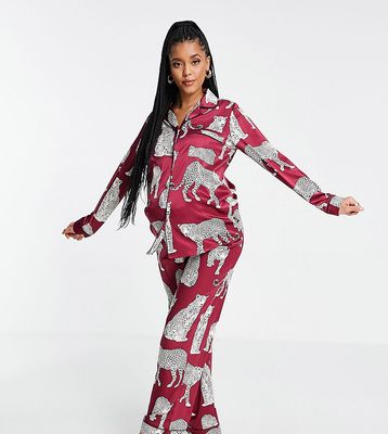 Chelsea Peers Maternity premium satin revere top and pant pajama set in wine leopard print-Red